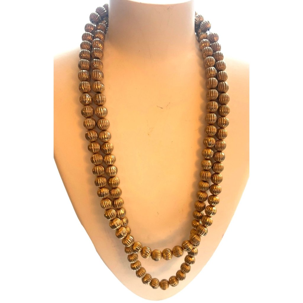 Coro Vintage Double Strands Ribbed Gold Tone Beaded Necklace And Earrings Chic 35$